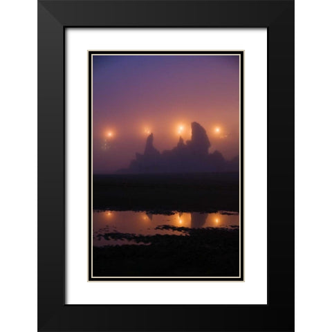 OR, Brandon City lights silhouette sea stacks Black Modern Wood Framed Art Print with Double Matting by Rotenberg, Nancy
