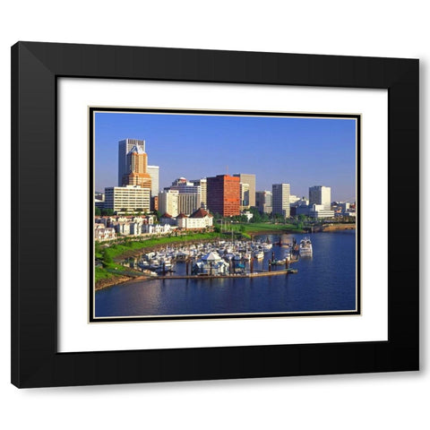 OR, Portland Downtown skyline and Marina Black Modern Wood Framed Art Print with Double Matting by Terrill, Steve