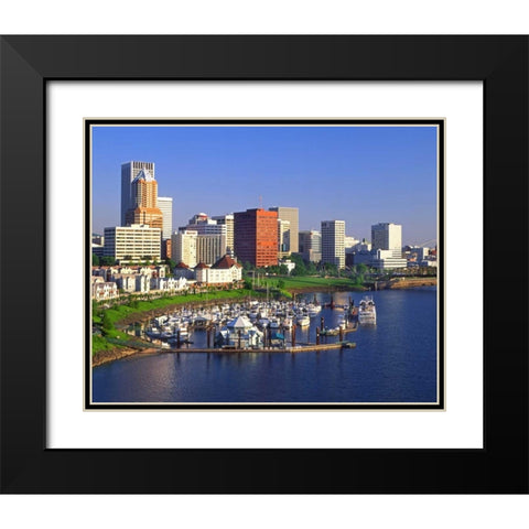 OR, Portland Downtown skyline and Marina Black Modern Wood Framed Art Print with Double Matting by Terrill, Steve