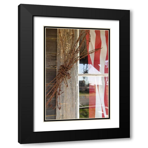 OR, Shaniko Flag in window next to barbed wire Black Modern Wood Framed Art Print with Double Matting by Ross, Nancy ,  Steve
