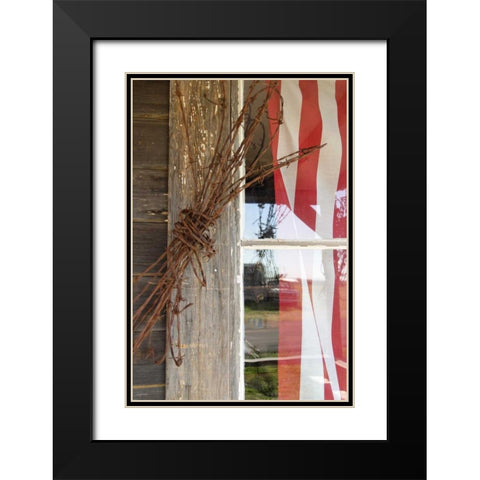 OR, Shaniko Flag in window next to barbed wire Black Modern Wood Framed Art Print with Double Matting by Ross, Nancy ,  Steve