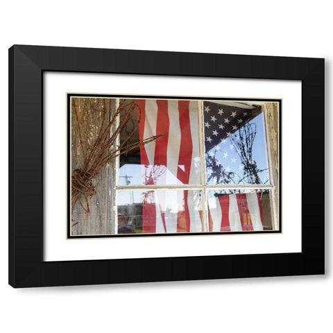 OR, Shaniko Flag in window next to barbed wire Black Modern Wood Framed Art Print with Double Matting by Ross, Nancy ,  Steve