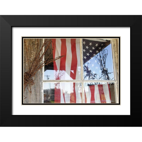 OR, Shaniko Flag in window next to barbed wire Black Modern Wood Framed Art Print with Double Matting by Ross, Nancy ,  Steve