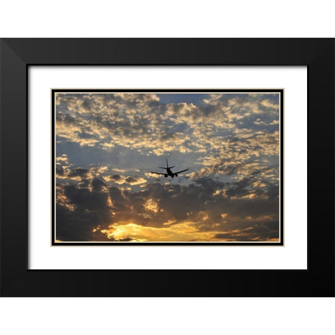 OR, Portland Airplane approaching landing Black Modern Wood Framed Art Print with Double Matting by Terrill, Steve