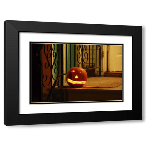 OR, Portland Lighted jack-o-lantern on porch Black Modern Wood Framed Art Print with Double Matting by Terrill, Steve