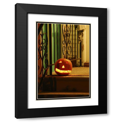OR, Portland Lighted jack-o-lantern on porch Black Modern Wood Framed Art Print with Double Matting by Terrill, Steve
