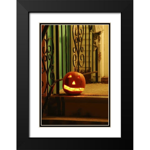 OR, Portland Lighted jack-o-lantern on porch Black Modern Wood Framed Art Print with Double Matting by Terrill, Steve