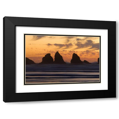 OR, Bandon Sunset silhouette of the sea stacks Black Modern Wood Framed Art Print with Double Matting by Kaveney, Wendy