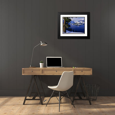 OR, Crater Lake NP View of snowy lake and island Black Modern Wood Framed Art Print with Double Matting by Flaherty, Dennis