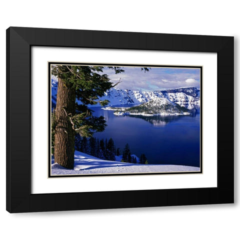 OR, Crater Lake NP View of snowy lake and island Black Modern Wood Framed Art Print with Double Matting by Flaherty, Dennis