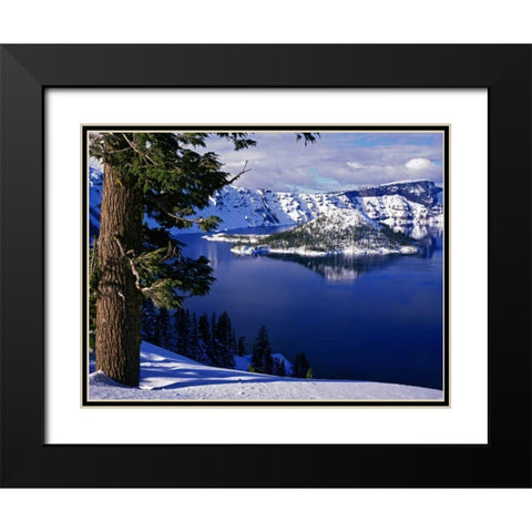 OR, Crater Lake NP View of snowy lake and island Black Modern Wood Framed Art Print with Double Matting by Flaherty, Dennis