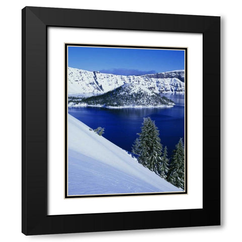 OR, Crater Lake NP Wizard Island in Crater Lake Black Modern Wood Framed Art Print with Double Matting by Flaherty, Dennis