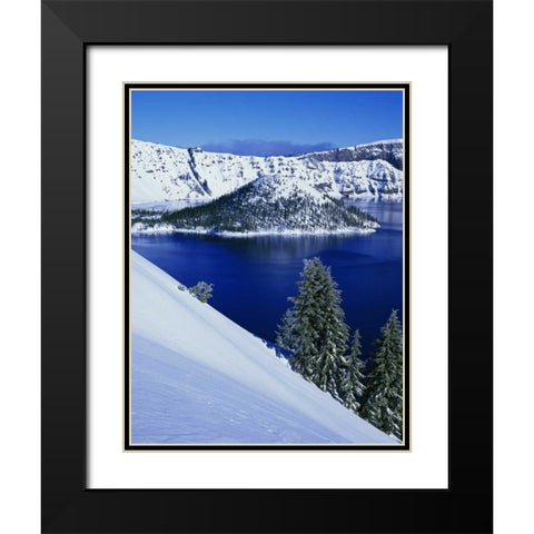 OR, Crater Lake NP Wizard Island in Crater Lake Black Modern Wood Framed Art Print with Double Matting by Flaherty, Dennis