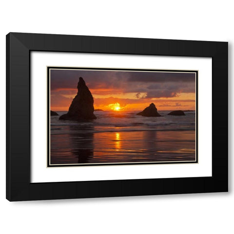Oregon, Bandon Beach Sunset over seastacks Black Modern Wood Framed Art Print with Double Matting by Illg, Cathy and Gordon