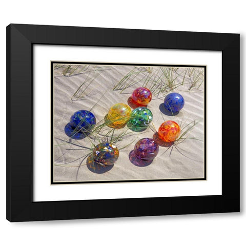 USA, Oregon Colorful glass floats on sand dune Black Modern Wood Framed Art Print with Double Matting by Terrill, Steve