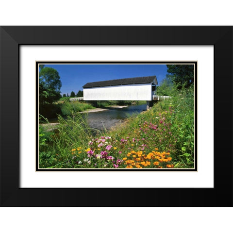 OR, Gallon House covered bridge over Abiqua Creek Black Modern Wood Framed Art Print with Double Matting by Terrill, Steve