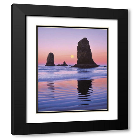 OR, Cannon Beach Moonset at The Needles monolith Black Modern Wood Framed Art Print with Double Matting by Terrill, Steve