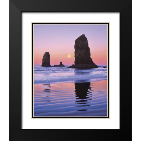 OR, Cannon Beach Moonset at The Needles monolith Black Modern Wood Framed Art Print with Double Matting by Terrill, Steve