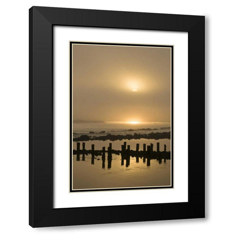 Oregon Foggy sunrise on Bandon Beach pilings Black Modern Wood Framed Art Print with Double Matting by Rotenberg, Nancy