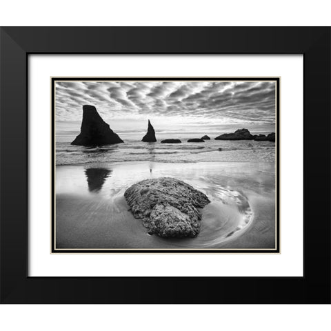 USA, Oregon, Bandon Beach Sunset on sea stacks Black Modern Wood Framed Art Print with Double Matting by Flaherty, Dennis