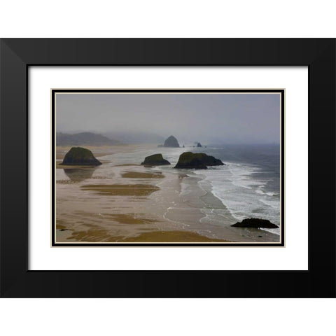 OR, Cannon Beach Foggy morning on coastline Black Modern Wood Framed Art Print with Double Matting by Carter, Jean
