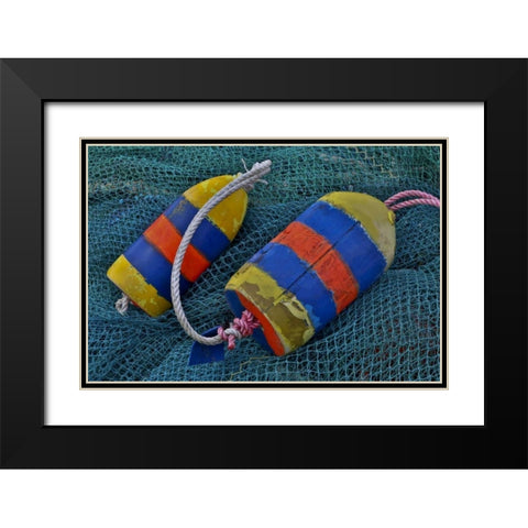 Oregon, Garibaldi Blue fishing nets with buoys Black Modern Wood Framed Art Print with Double Matting by Carter, Jean