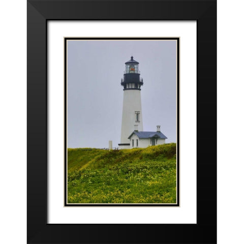USA, Oregon Yaquina Head Lighthouse on foggy day Black Modern Wood Framed Art Print with Double Matting by Carter, Jean