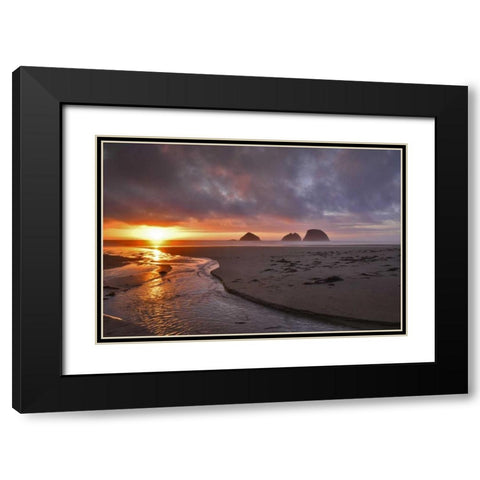 Oregon, Oceanside Sunset on Three Arch Rocks Black Modern Wood Framed Art Print with Double Matting by Terrill, Steve