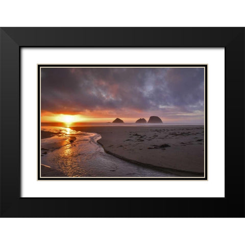 Oregon, Oceanside Sunset on Three Arch Rocks Black Modern Wood Framed Art Print with Double Matting by Terrill, Steve