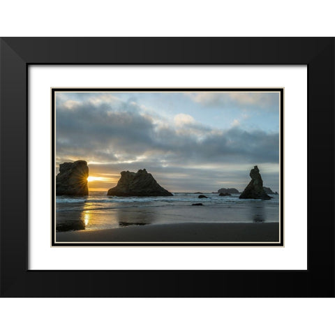 Oregon-Bandon Beach Wizards Hat and other formations at sunset  Black Modern Wood Framed Art Print with Double Matting by Jaynes Gallery