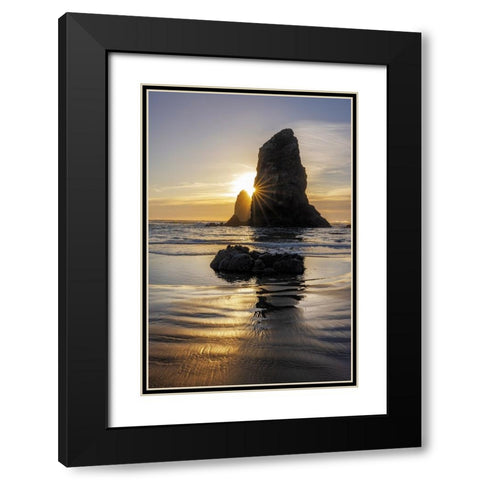 Haystack Rock Pinnacles at low tide in Cannon Beach-Oregon-USA Black Modern Wood Framed Art Print with Double Matting by Haney, Chuck
