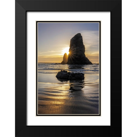 Haystack Rock Pinnacles at low tide in Cannon Beach-Oregon-USA Black Modern Wood Framed Art Print with Double Matting by Haney, Chuck