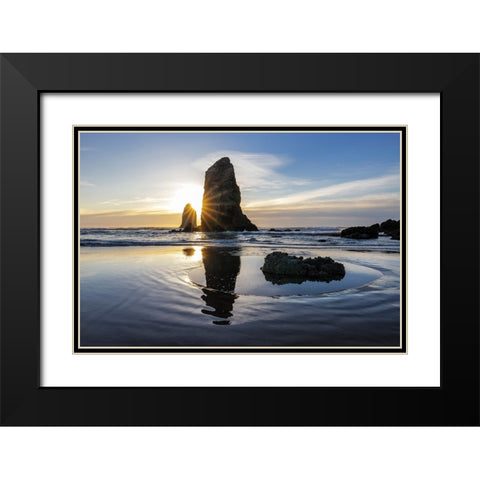 Haystack Rock Pinnacles at low tide in Cannon Beach-Oregon-USA Black Modern Wood Framed Art Print with Double Matting by Haney, Chuck