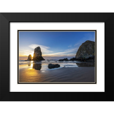 Haystack Rock Pinnacles at low tide in Cannon Beach-Oregon-USA Black Modern Wood Framed Art Print with Double Matting by Haney, Chuck