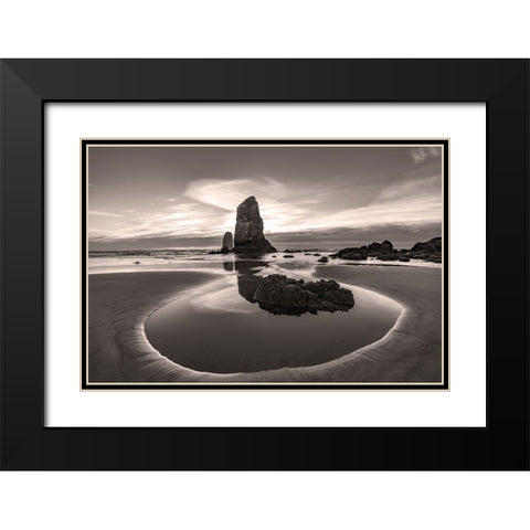 Haystack Rock Pinnacles at low tide in Cannon Beach-Oregon-USA Black Modern Wood Framed Art Print with Double Matting by Haney, Chuck