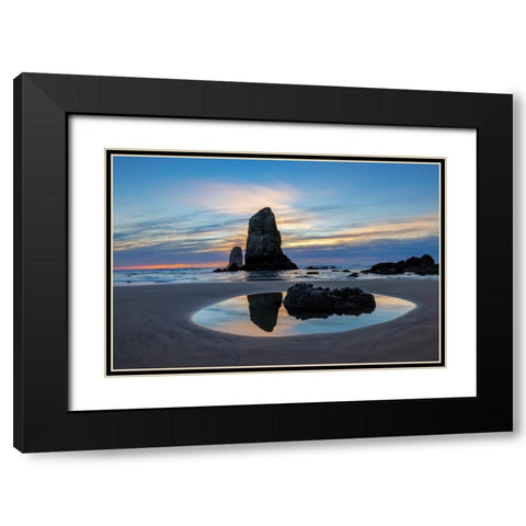 Haystack Rock Pinnacles at low tide in Cannon Beach-Oregon-USA Black Modern Wood Framed Art Print with Double Matting by Haney, Chuck