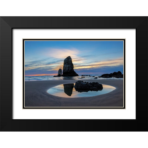 Haystack Rock Pinnacles at low tide in Cannon Beach-Oregon-USA Black Modern Wood Framed Art Print with Double Matting by Haney, Chuck
