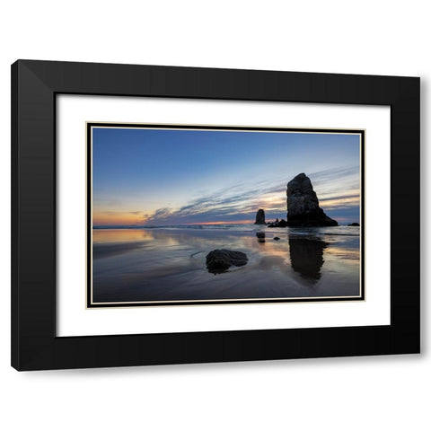 Haystack Rock Pinnacles at low tide in Cannon Beach-Oregon-USA Black Modern Wood Framed Art Print with Double Matting by Haney, Chuck