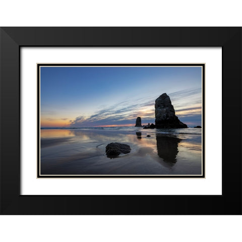 Haystack Rock Pinnacles at low tide in Cannon Beach-Oregon-USA Black Modern Wood Framed Art Print with Double Matting by Haney, Chuck
