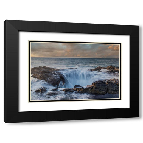 USA- Oregon- Cape Perpetua and Thors Well at sunset. Black Modern Wood Framed Art Print with Double Matting by Gulin, Darrell
