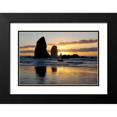 USA- Oregon. Cannon Beach and Haystack Rock at sunset Black Modern Wood Framed Art Print with Double Matting by Gulin, Darrell