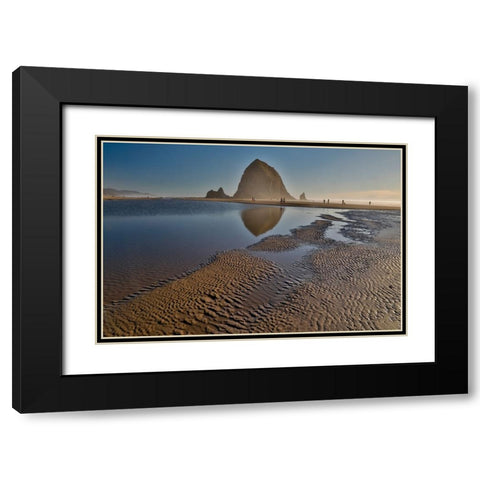 USA- Oregon. Cannon Beach with Haystack near sunset and low tide. Black Modern Wood Framed Art Print with Double Matting by Gulin, Darrell