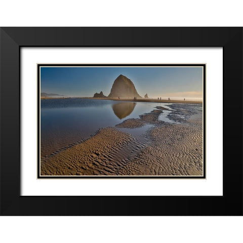 USA- Oregon. Cannon Beach with Haystack near sunset and low tide. Black Modern Wood Framed Art Print with Double Matting by Gulin, Darrell