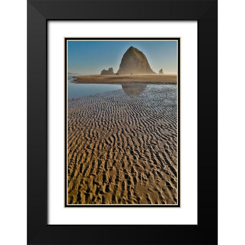 USA- Oregon. Cannon Beach with Haystack near sunset and low tide. Black Modern Wood Framed Art Print with Double Matting by Gulin, Darrell