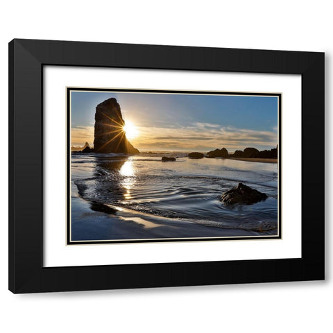 USA- Oregon. Cannon Beach low tide and ripples in the sand and sea stacks at sunset. Black Modern Wood Framed Art Print with Double Matting by Gulin, Darrell