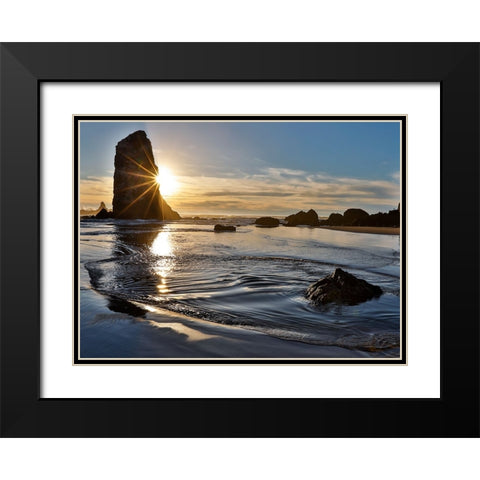 USA- Oregon. Cannon Beach low tide and ripples in the sand and sea stacks at sunset. Black Modern Wood Framed Art Print with Double Matting by Gulin, Darrell