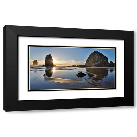 USA- Oregon. Cannon Beach with Haystack near sunset and low tide. Black Modern Wood Framed Art Print with Double Matting by Gulin, Darrell