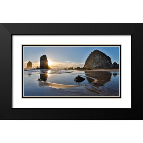 USA- Oregon. Cannon Beach with Haystack near sunset and low tide. Black Modern Wood Framed Art Print with Double Matting by Gulin, Darrell