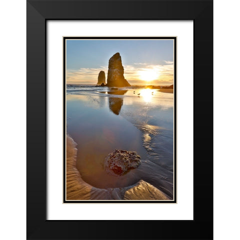 USA- Oregon. Cannon Beach low tide and ripples in the sand and sea stacks at sunset. Black Modern Wood Framed Art Print with Double Matting by Gulin, Darrell