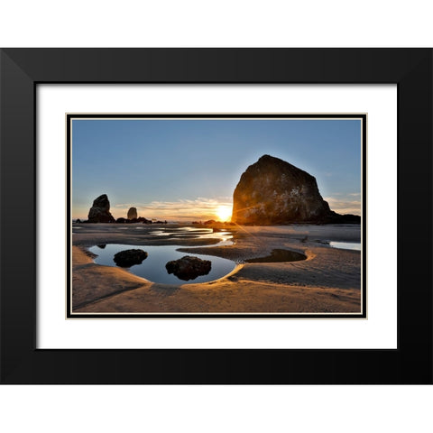 USA- Oregon. Cannon Beach with Haystack near sunset and low tide. Black Modern Wood Framed Art Print with Double Matting by Gulin, Darrell